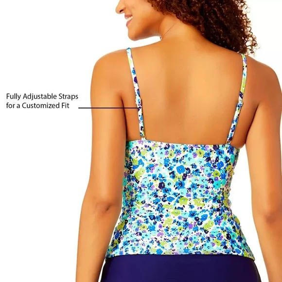 Anne Cole Ladies Tankini Swim Top Blue Ditsy w/ Purple. Size S - Picture 7 of 11